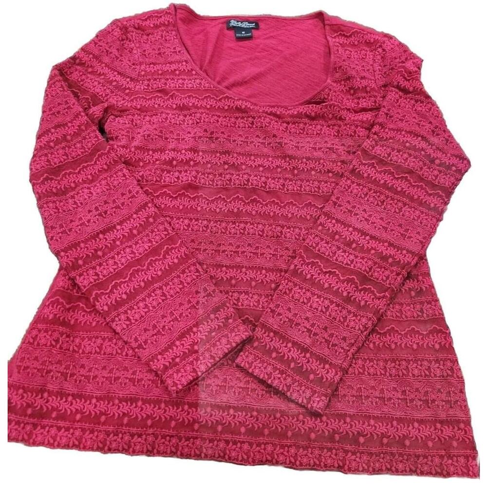Lucky Brand Womens Shirt Top Long Sleeves Red Lace Front & Cotton Lining Medium